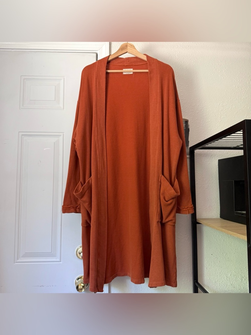 BACK BEAT CO. rust orange hemp organic cotton open front duster cardigan sweater